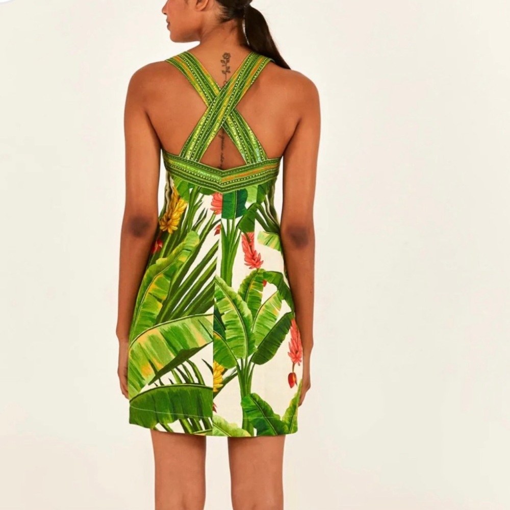 New Farm Rio Fresh Forest Scarf Sweetheart-Neck Minidress S - Picture 3 of 6